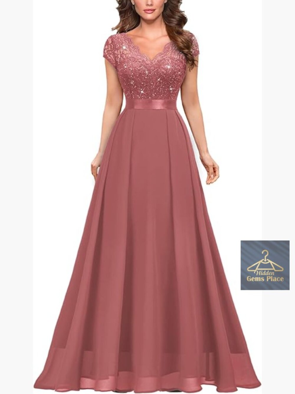 V-Neck Cap Sleeve Sequined Floral Lace Formal Maxi Dress